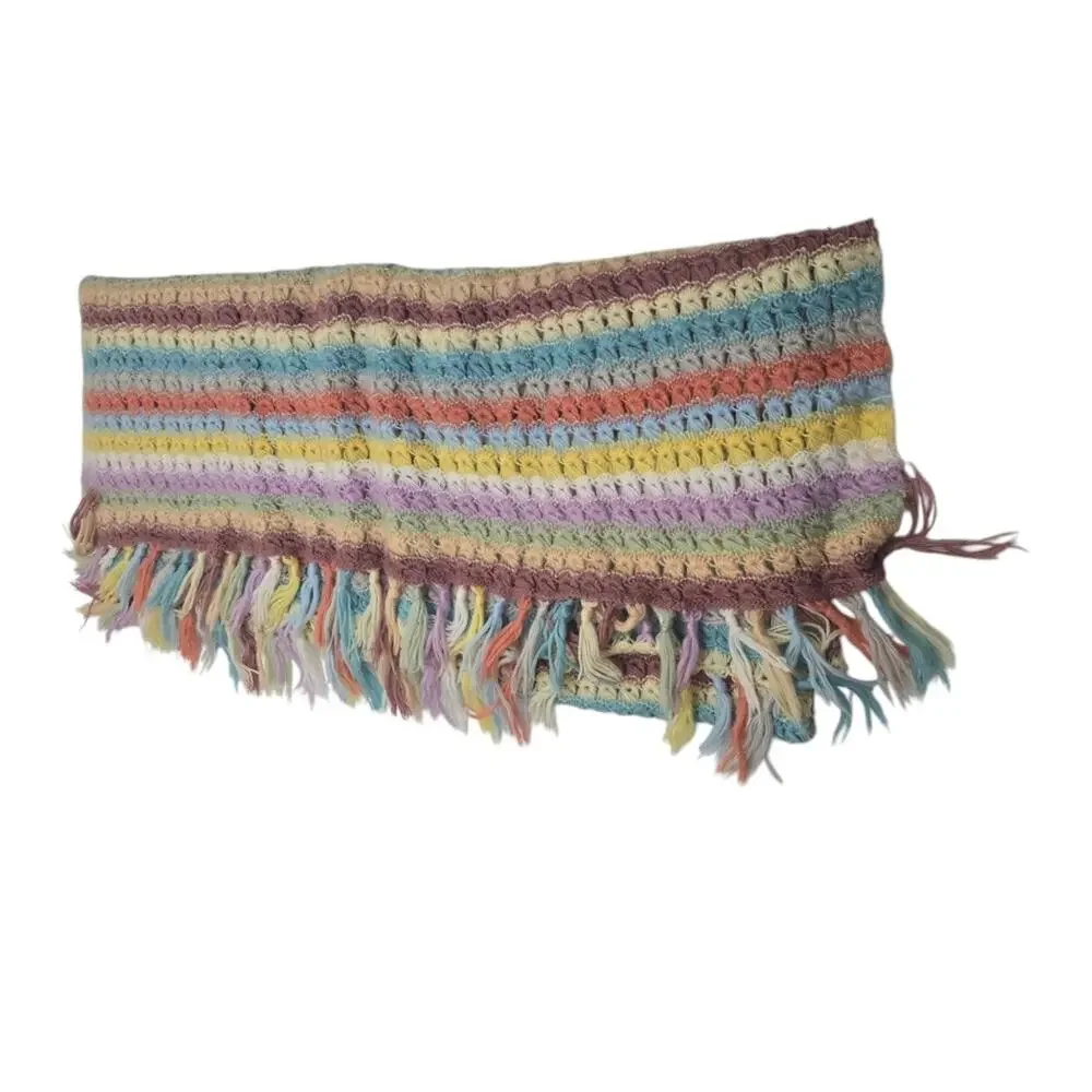 Handmade Rainbow Crochet Afghan Throw Blanket With Fringe Pastel Cottagecore